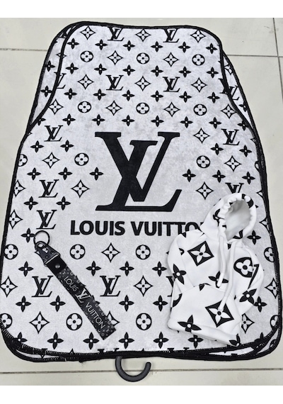 Lv Xl Beyaz - Siyah Dekor Oto Halı Paspas 4 Parça Ön Arka Takım Ve Vites Poları Kumaş Anahtarlık Hed