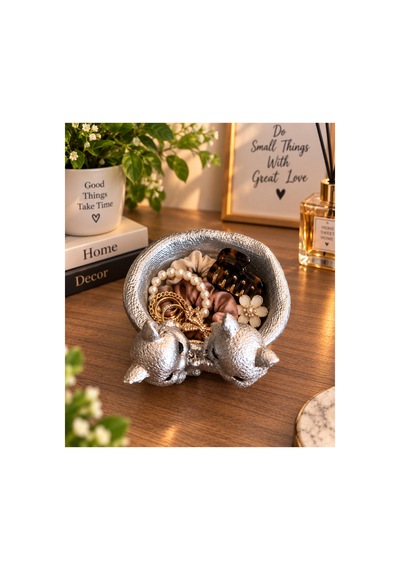 Dekoratif Sevimli Kedi Figürlü Çok Amaçlı Organizer Takı, Toka Ve Anahtarlık Kabı 15x13 Cm Gümüş