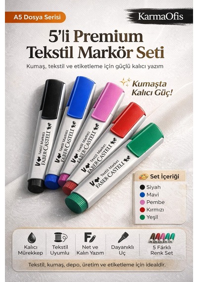 5'li Tekstil Markörü Kalem Seti Kumaş Yazı Kalemi Siyah, Mavi, Pembe, Kırmızı, Yeşil Çok Renkli