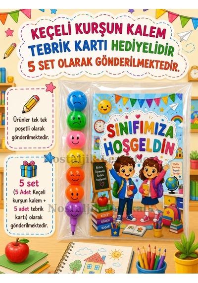 5 Adet Okula Yeni Başlayan Öğrencilere Sınıfımıza Hoşgeldin Yazılı Hediye Seti 1. Sınıf- Sene Başı Hatırası Keçeli Kalem Tebrik Kartı Hediyeli