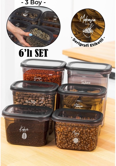 Vienev Beyaz Serigrafi Etiketli 6lı Peggy Dikdörtgen Saklama Kabı Seti 2x 1500-1150-800 Ml Antrasit Çok Renkli
