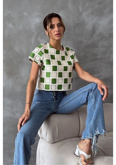 Verymoda Kısa Kollu Dama Desen Tiğişi Bluz D2619 Ham Zümrüt