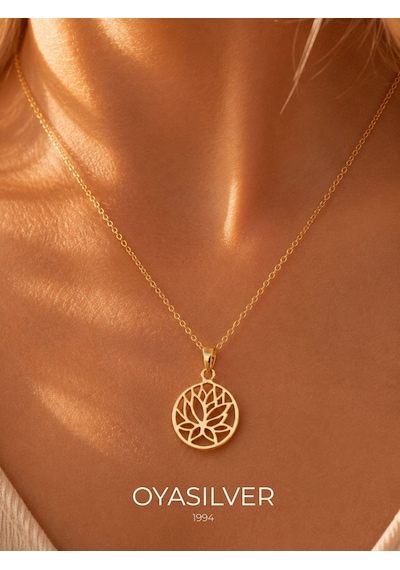 Oya Silver 24k Altın Kaplama Gümüş Lotus Çiçeği Kolye 2.4x0.9cm Oyot393
