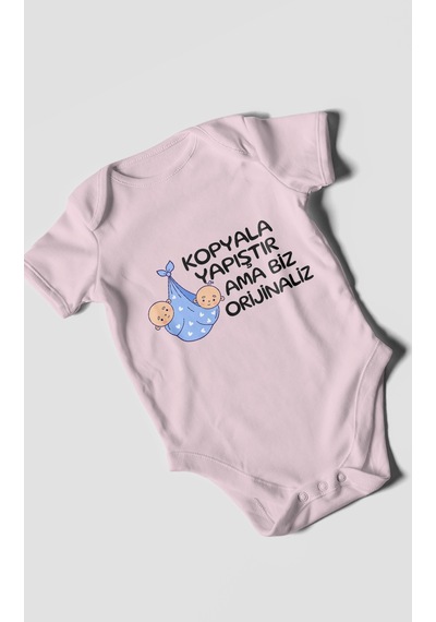 Morivokids Kopyala Yapıştır, Ama Yazılı Kısa Kollu Bebek Body %100 Pamuk Bebe Pembe