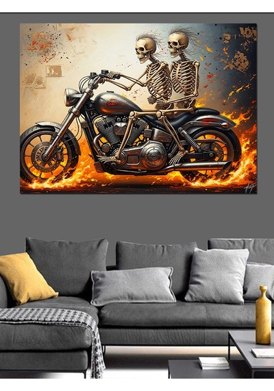 Ahşap Tablo Alevler İçinde Motosikletli İskeletler