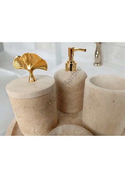 Sarı Traverten Klasik Model 5 Parça Gold Renk Japon Gülü Aksesuarlı Banyo Seti Sarı Traverten