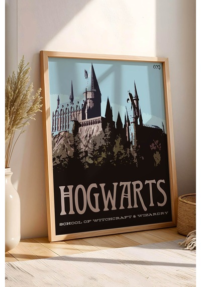 Hogwarts Okulu Minimalist Çerçeveli Tablo - Lüks Harry Potter İllüstrasyon Modern Duvar Dekoru Kayın