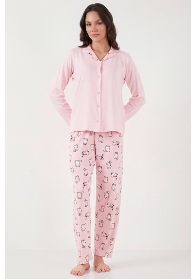Lela Desenli Regular Fit Apaş Yaka Beli Lastikli Bol Paça Bayan Pijama Takımı 65714300 Açık Pembe Lela Desenli Regular Fit Apaş Yaka Beli Lastikli Bol Paça Bayan Pijama Takımı 65714300 Açık Pembe