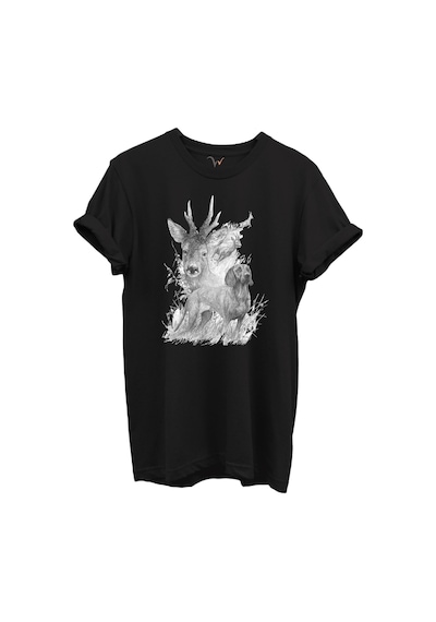 Geyik Ve Av Köpeği Çizim Baskılı %100 Pamuk Regular Fit Bisiklet Yaka Unisex T-shirt Siyah