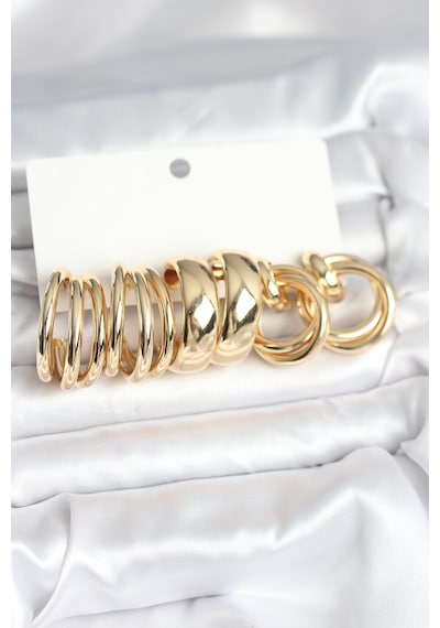 Pirinç Gold Renk 3 Çift Vintage Kadın Küpe Seti - Çok Renkli