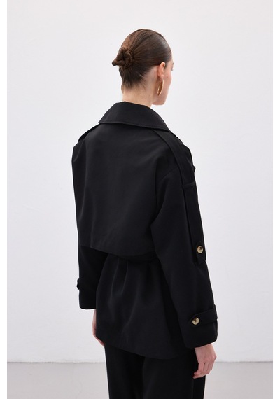 Sateen Kısa Trençkot - Siyah-136635 Siyah