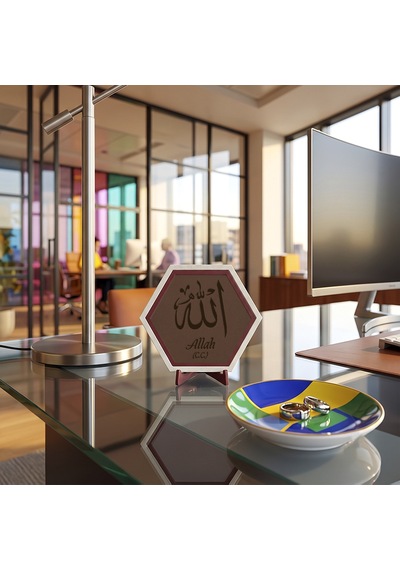 Allah C.c. Yazılı Modern Dekoratif Obje, Manevi Değeri Yüksek Şık Masaüstü Aksesuarı 10x10 Cm, Açık Kahve