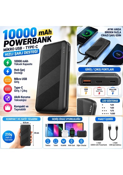 Ers Mikro Type-c Usb Hızlı Şarj Edebilen 10000 Mah Powerbank