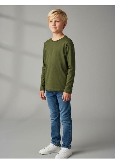 Zekids Erkek Çocuk Pamuklu Uzun Kol Basic T-shirt-16713 Haki