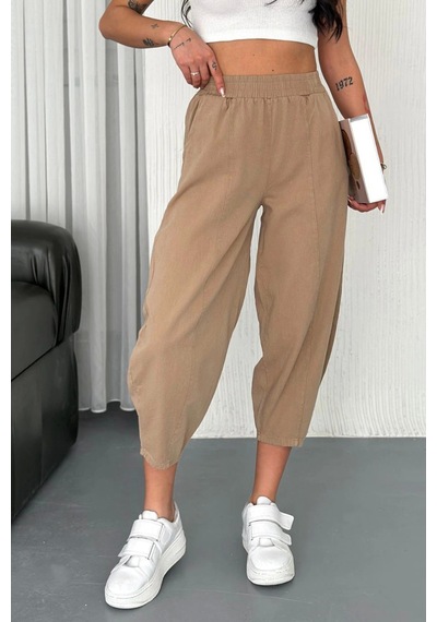 Meine Liebe Unterwäsche Kadın Pamuklu Bel Lastikli Dikiş Detaylı Camel Gabardin Kumaş Pantolon Camel
