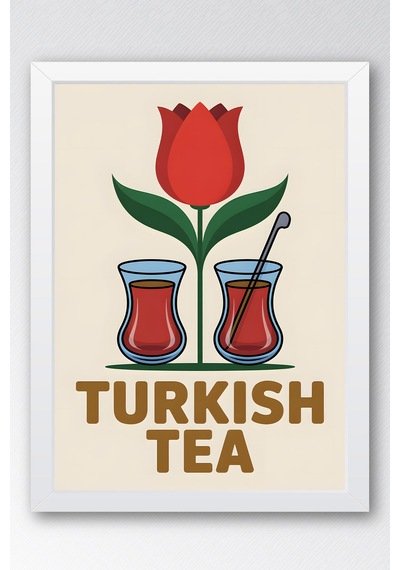 Türk Çayı Tablo - İnce Belli Bardak Retro Mutfak Posteri - Geleneksel İçecek Duvar Dekoru Beyaz