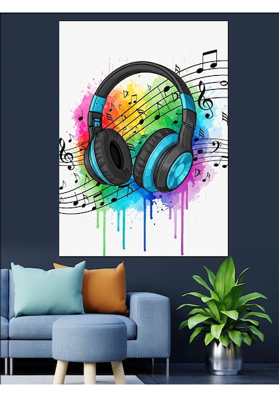 Ahşap Tablo Renkli Neon Müzik Kulaklığı