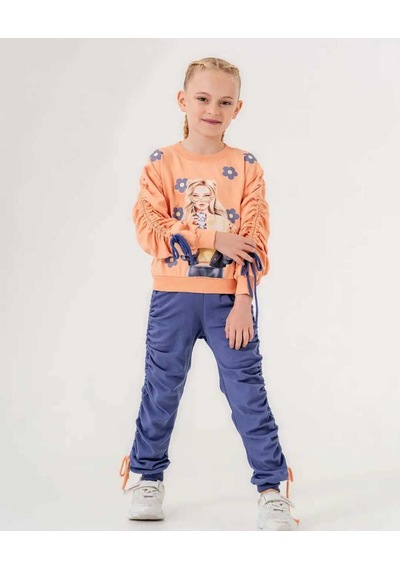 Kız Çocuk Rahat Kesim Sweatshirt Ve Büzgülü Jogger Takım Somon&Lila