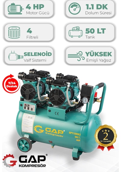 Gap Kompresör Gpy 1500x2 Hava Kompresörü Yüksek Emişli Yağsız Teknoloji 50 L