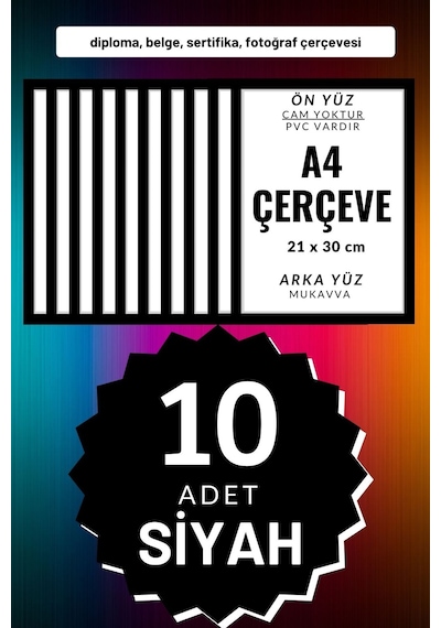 Siyah-10 Adet A4 Çerçeve Diploma Belge Sertifika Fotoğraf Resim Çerçevesi Pvc 10lu Siyah