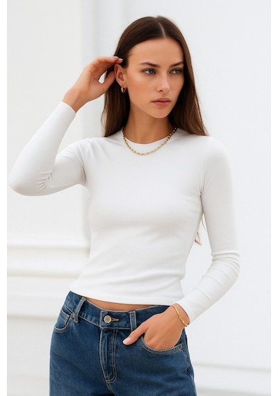 Rich Kadın Ekru Bisiklet Yaka Esnek Kumaşlı Vücuda Oturan Slim Fit Uzun Kollu Crop Body Ekru