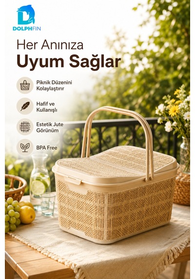 Jute Piknik Sepeti 26 L Çok Amaçlı Saklama Taşıma Sepeti Çamaşır Oyuncak Düzenleyici Bej