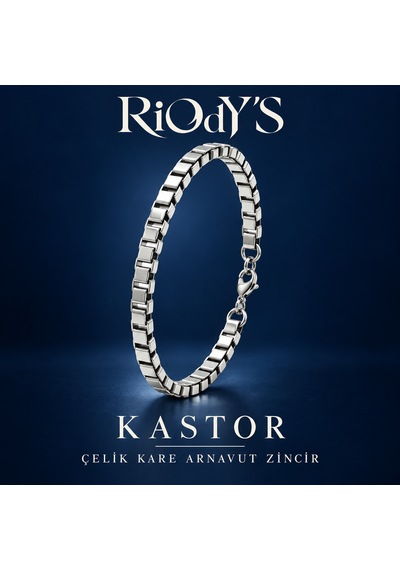 Riody's Kastor Erkek Bileklik Gümüş Renk Çelik Kare Arnavut Zincir Kancalı Kilit Beyaz - Gümüş