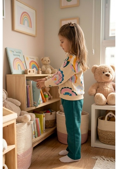 Ahengim Kız Çocuk Gökkuşağı Desenli Sweatshirt 2 Li Alt Üst Takım Ak15636 Yeşil