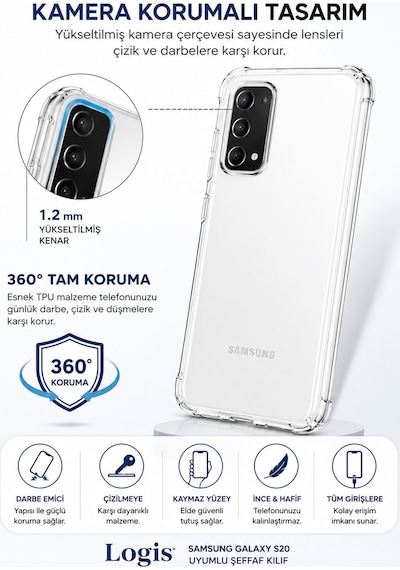 Logis Samsung Galaxy S20 Uyumlu Şeffaf Silikon Kılıf Darbe Emici Kamera Korumalı İnce Esnek Tpu Telefon Kılıfı