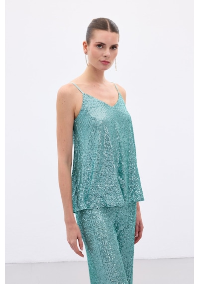 Sateen Payet Detaylı Askılı Bluz - Mint-136546 Mint