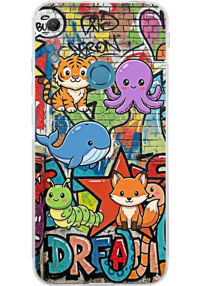 Huawei Y6 Pro 2019 İle Uyumlu Grafiti Mini Tasarımlı Şeffaf Silikon Kılıf Şeffaf