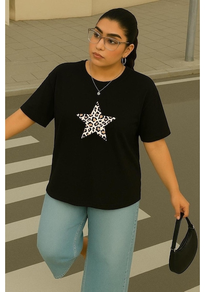 Büyük Beden Yıldız Leopar Baskılı Unisex Tişört SIYAH