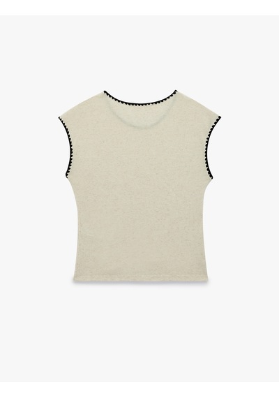 Koton Keten Karışımlı Slim Fit Nakış Detaylı Bisiklet Yaka Kolsuz Tişört Ekru 6sak50375ek