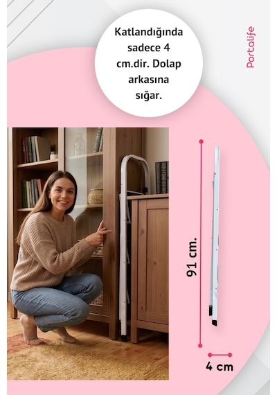 Portalife 2 Basamaklı Beyaz Çelik Merdiven Ekstra Güvenli & Ultra İnce Katlanabilir Tasarım