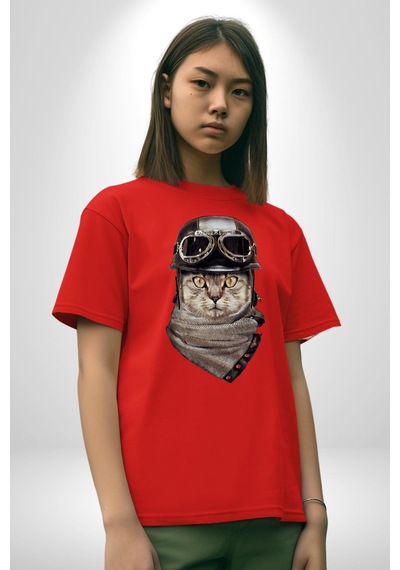 Kasket Bandana Motorcu Kedi Pamuklu Bisiklet Yaka Unisex Oversize Boyfriend Dijital Baskılı Kırmızı T-shirt Kırmızı