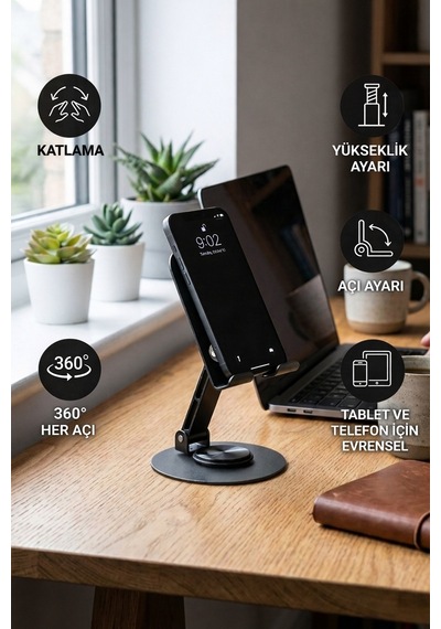 360 Ayarlanabilir Katlanabilir Telefon & Tablet Standı Yükseklik Ve Açı Ayarlı Masa Üstü Tutucu Siyah