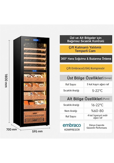 Lubinski Siyah Tek Kabin Elektronik Puro Dolabı - Şarap Dolabı Cw1800 Lb-045