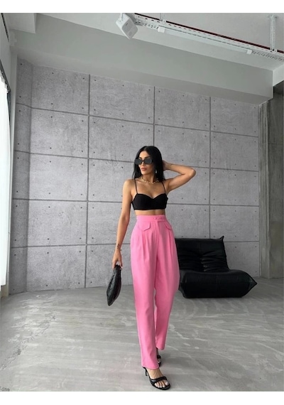 Defymoda Pantolon Kapalı Cep 3 Düğme Detaylı - Pembe Pembe Defymoda Pantolon Kapalı Cep 3 Düğme Detaylı - Pembe Pembe