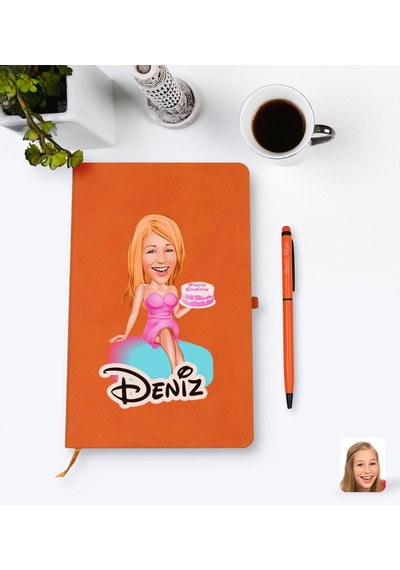 Kişiye Özel Kadın Doğum Günü Karikatürlü Turuncu Termo Deri Defte N11.2788
