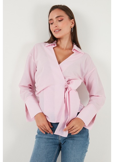 Lela Pamuklu Regular Fit Uzun Kollu Bağlama Detaylı Bayan Gömlek 65200538 Pembe