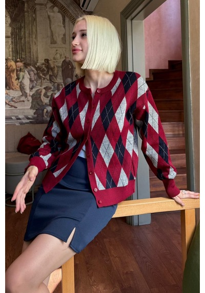Madmext Bordo Baklava Desenli Bisiklet Yaka Kadın Hırka Mg2496 Bordo