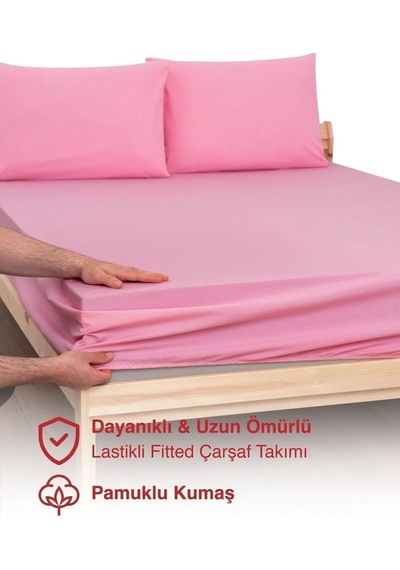 Pembe Penye Lastikli Çarşaf Takımı %100 Pamuklu Dokuma Kumaş