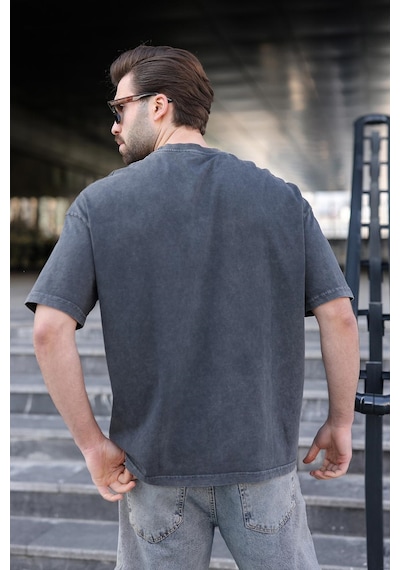 Madmext Siyah %100 Pamuklu Oversize Erkek Tişört E7178 Siyah