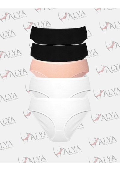 Alya Underwear Kadın Pamuklu Hipster - Slip Külot 5 Farklı Renk 1 Pakette Beyaz-siyah-ten P01