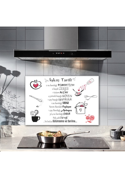 Cam Ocak Arkası Koruyucu Aşkın Tarifi Beyaz Fon 40cm X 60cm