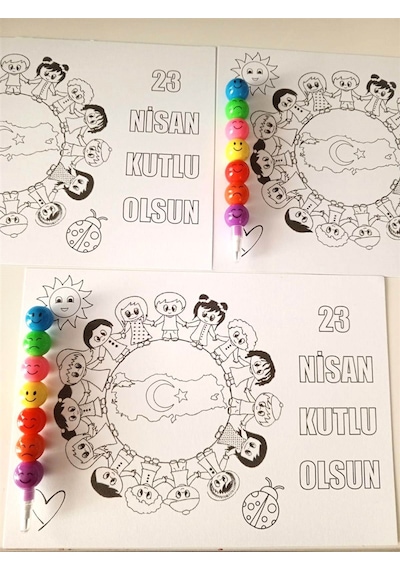 23 Nisan Çocuklar Boyama Kartı Ve Kurşun Kalem 30 Adet Çok Renkli