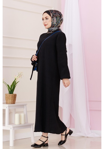 Sevitli Beli Kuşaklı Luna Tesettür Elbise-siyah-4886 Siyah