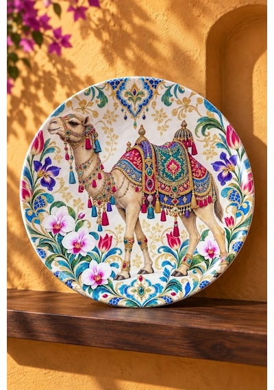 Dekoratif Duvar Tabağı - İşlemeli Deve Ve Çiçek Desenli 27 Cm - Dekorlu Seramik Tabak