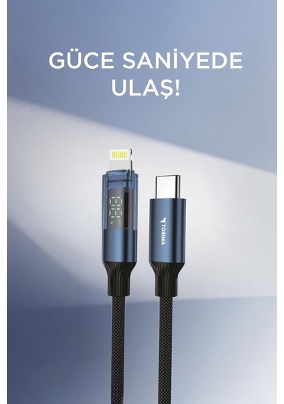 Torima U22 Type-c To Lightning 27 W Led Ekranlı Dayanıklı Örgü Hızlı Şarj Kablosu Siyah