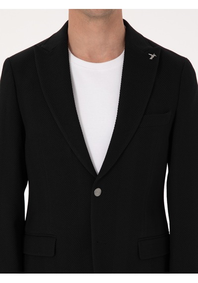 Cacharel Siyah Slim Fit Yün Karışımlı Kırlangıç Yaka Balık Sırtı Blazer Ceket